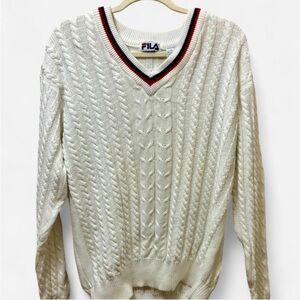 Fila Vintage 80s/90s White Label Cream V-Neck Cable Knit Sweater
